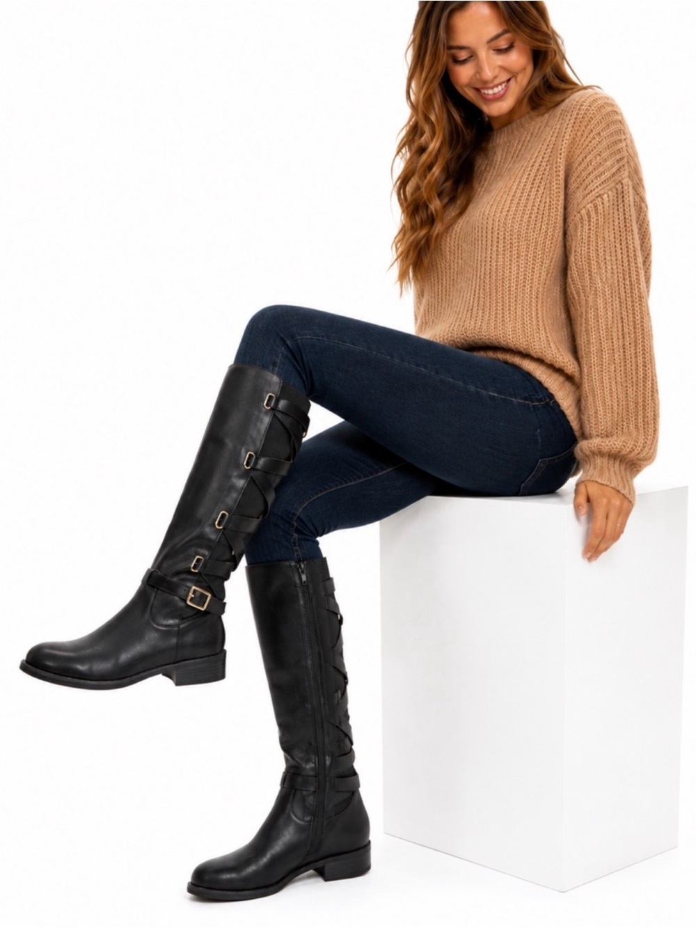 Thalia Sodi NWT Sz 6M Classic Black Faux Leather Knee-High Boots (SH459)